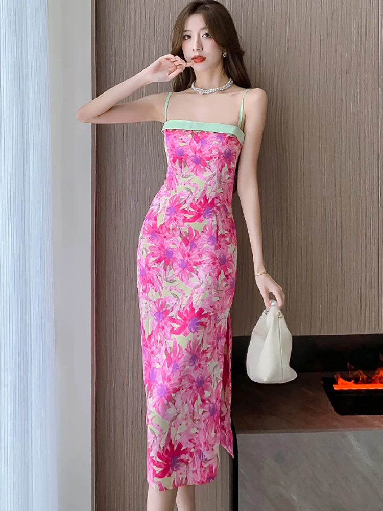 Vestido largo Rosa Floral bohemio para mujer, traje elegante con tirantes, Espalda descubierta, Sexy, con abertura, para fiesta y noche, 2024