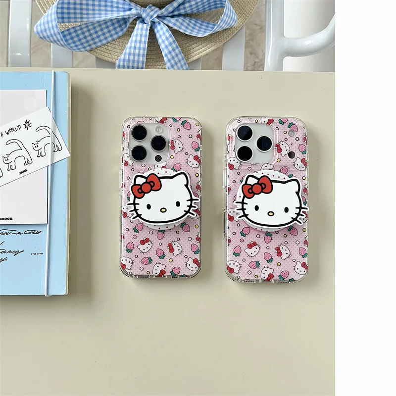 

Cute Pink Strawberry Hello Kitty Phone Case For iPhone 17 16 15 14 Pro Max Magnetic Hello Kitty Grip Stand Protective Cover for