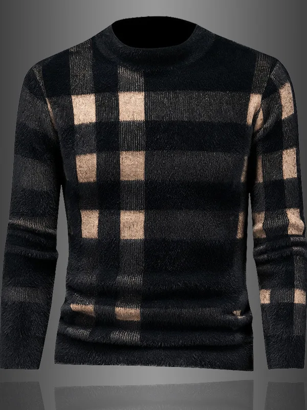 

Trendy Plaid Mink Sweater Men's Thiened Warm round Ne Knitted Sweater Autumn Winter New Sle Faion Urban Daily Wear