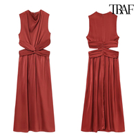 TRAF Women's New Satin Sexy Round Neck Sleeveless Dress Waist Hollow Slim Fashion Long Dresses Temperament Party Evening Gowns