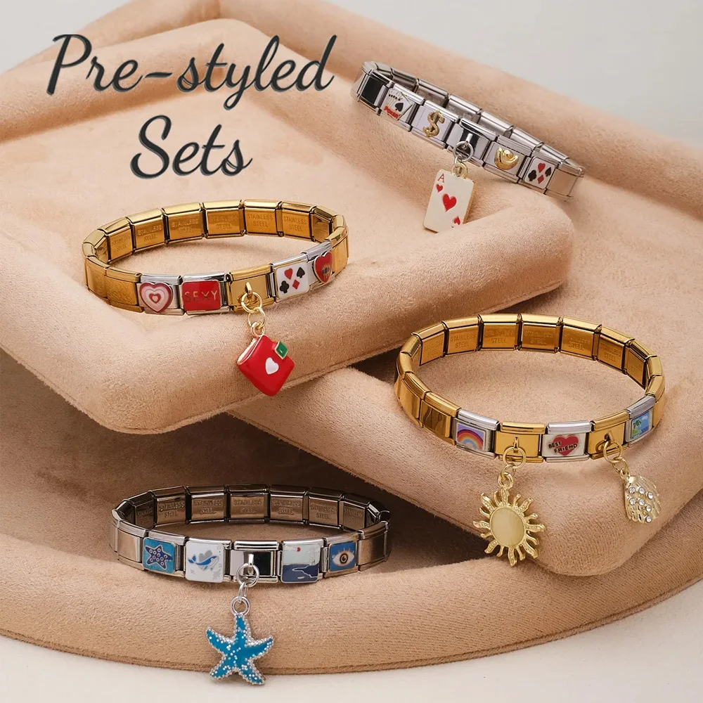 Ready to Wear Enamel Italian Charm Bracelet Dangle Sun Star Playing Card Pendant Stainless Steel Elastic Modular Link Bangle Y2K