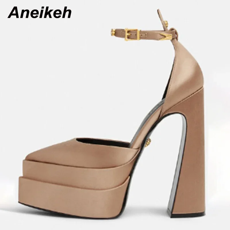 Aneikeh 2024 Fashion Spring Autumn New High Heel Women Shoes Pointed Toe Platform Ankle Buckle Strap Party Wedding Pumps 35-41