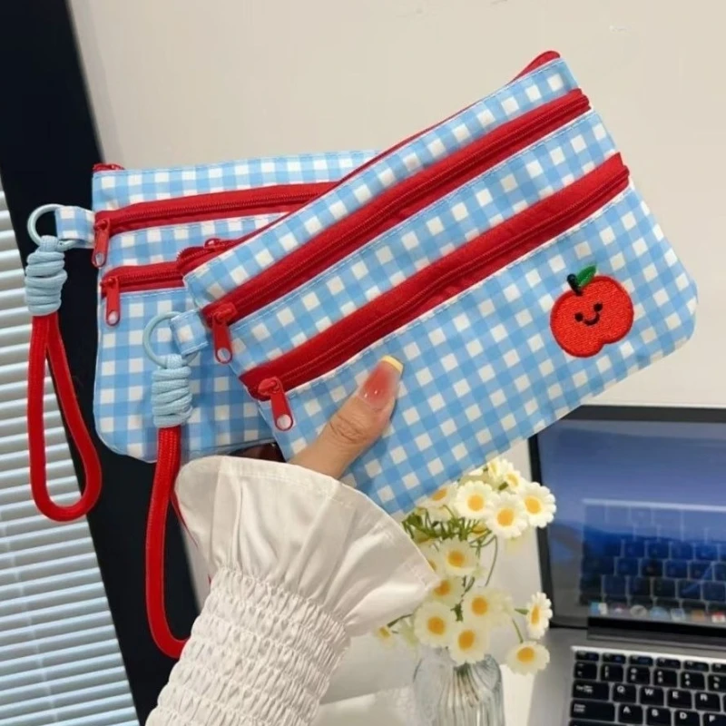 

Korean Cute Plaid Cartoon Kawaii Apple Large Capacity Card Holder ID Card Storage Bags Booklet Handbag Women's Bag Purse