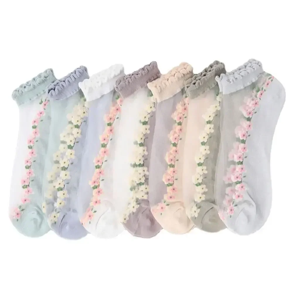 7PCS Floral style Crystal Glass Silk Ultrathin Lace Lastic Socks Cute little fresh INS Summer Transparent Breathable Short Socks