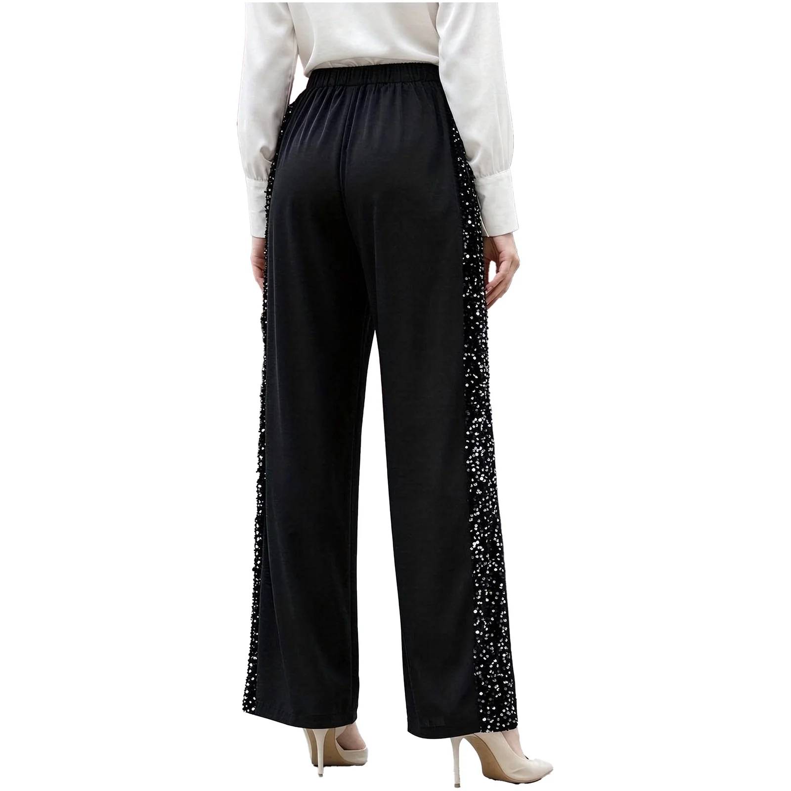 Fashion Women Side Sequin Velvet Patchwork Pants High Waist Wide Leg Trousers Holiday Party Family Gathering Daily Casual Wear