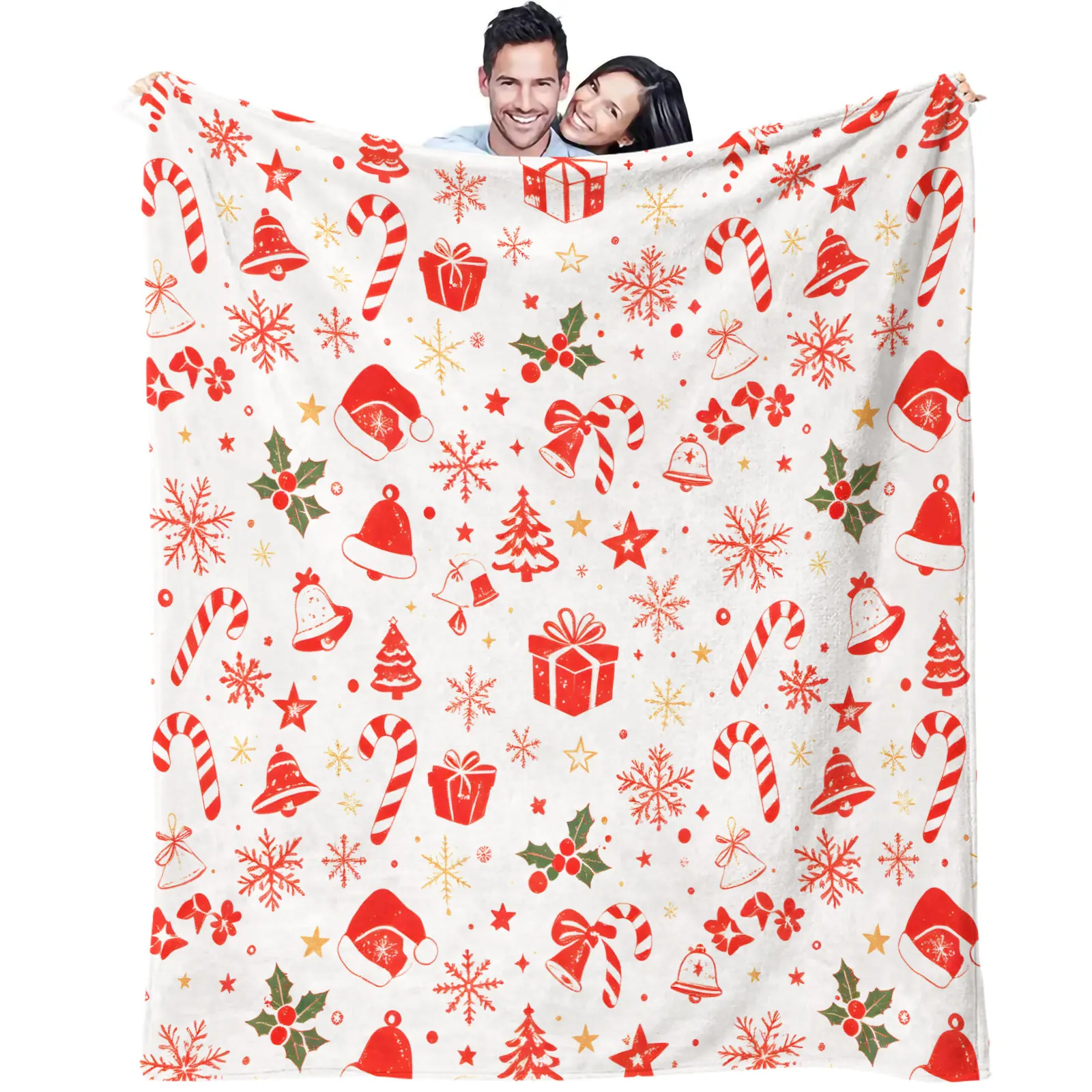 Christmas Flannel Throw Blanket Santa Hat Candy Cane Gift Box Bell Snowflake Print Soft Plush Warm Blanket Sofa Xmas Home Decor