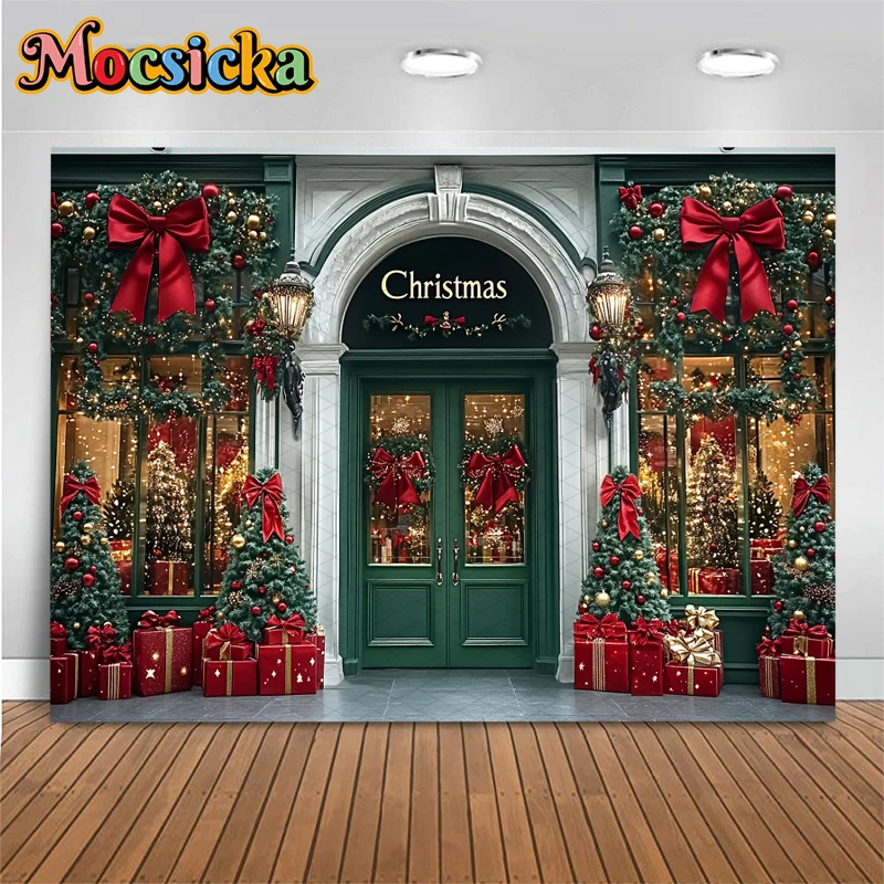 Mocsicka Christmas Photography Background Xmas Tree Snow House Shop Bow Gifts Decorations Children Family Party Backdrops Banner