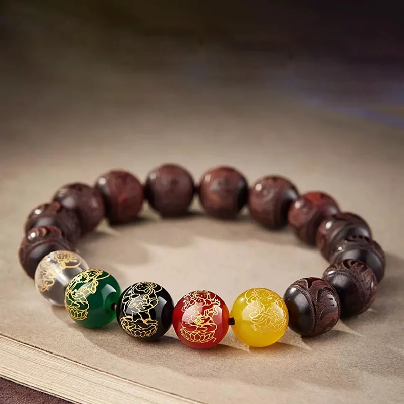 UMQ Six-Word Mantra Pterocarpus Santalinus Five Gods Of Wealth Men'S And Women'S Birth Year Bracelet Gift