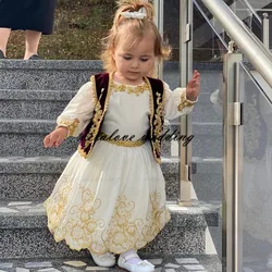 Customized Kosovo and Albanian Traditional Flower Girl Dress With Jacket Gold Appliques Girl Wedding Party Dress Prom Wear