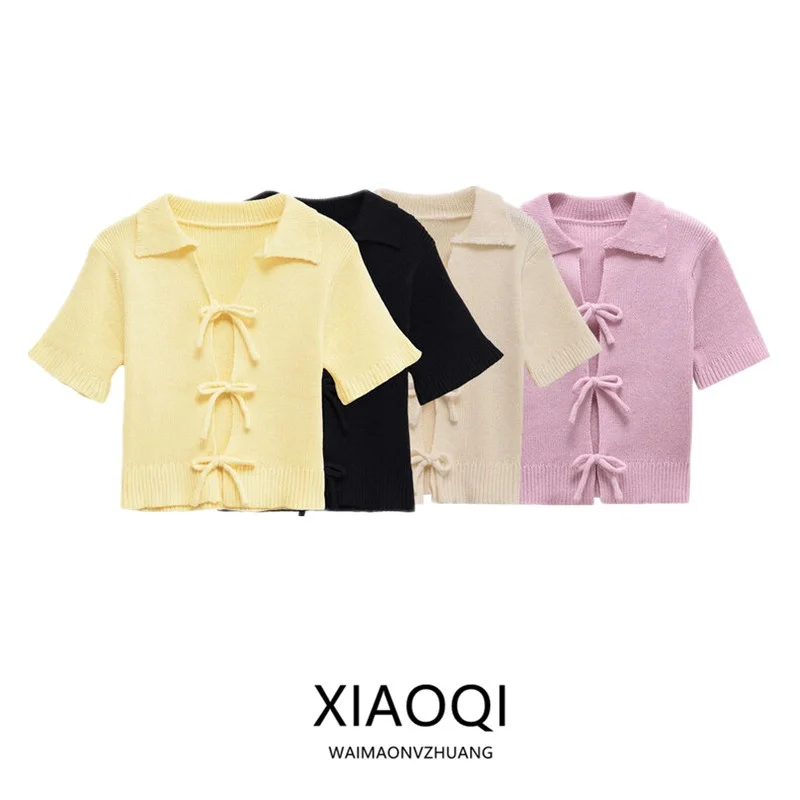 

Spring 2025 Women's Knitted Short Sleeve round Neck Top Knot Decorated Versatile Fashionable Commute Style Loose Fit