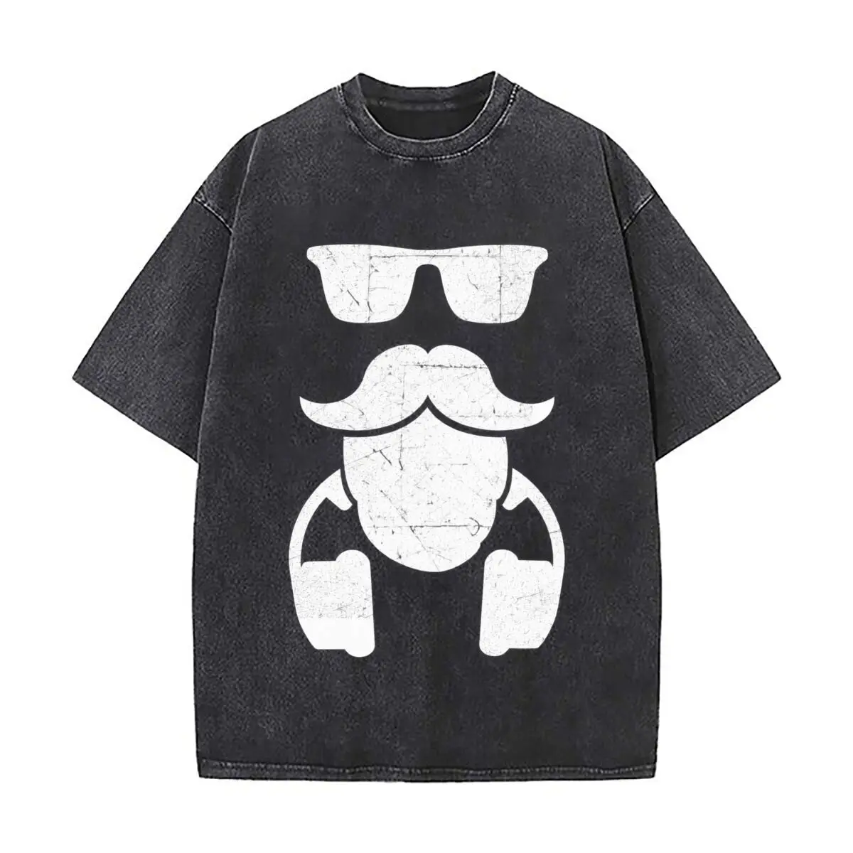 Funny Hipster Mustache Sunglasses Headphones Graphic Design Distressed Faded Baggy Streetwear Tops for Park Hangouts