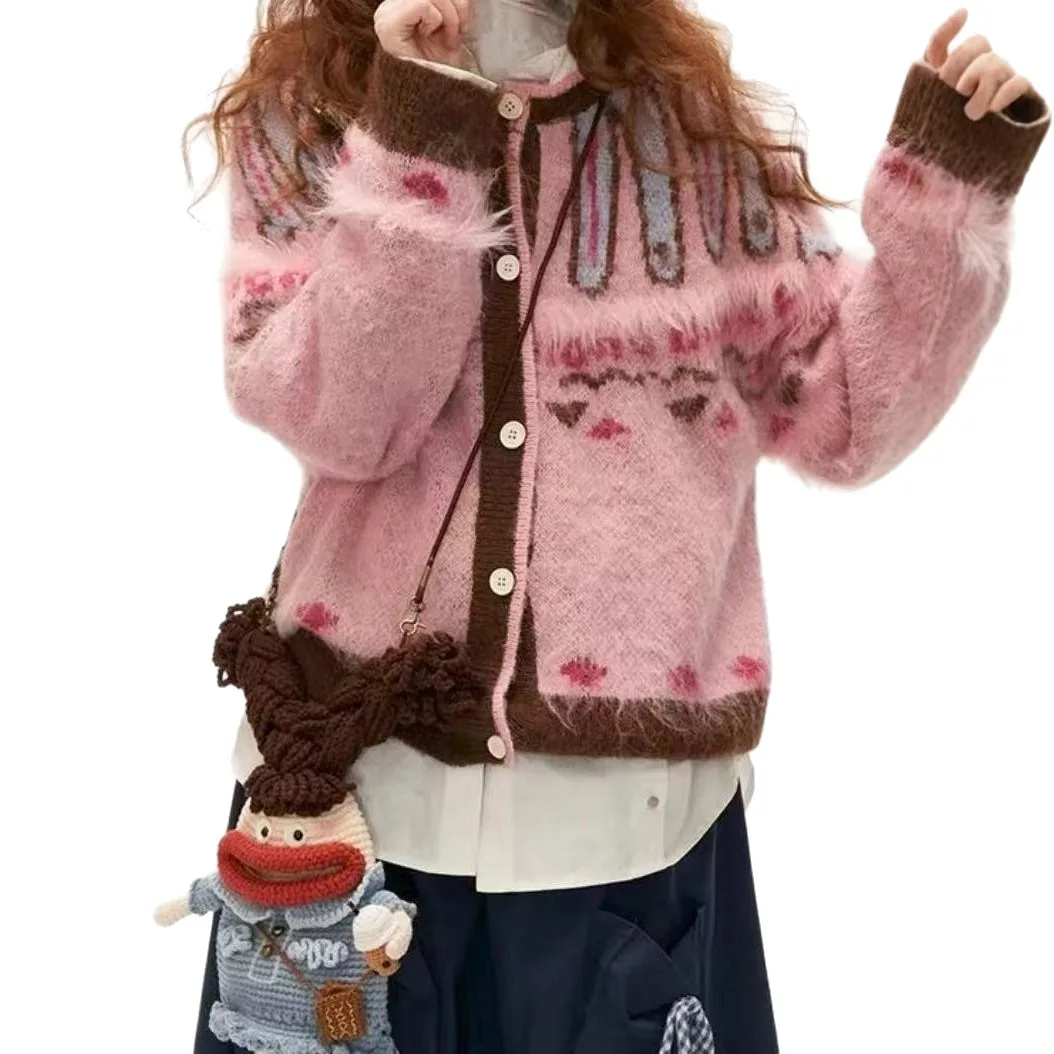 المرأة سترة مشغولة من الصوف البلوزات تقسم لاعبا اللون منعت س الرقبة طويلة الأكمام واحدة الصدر فضفاضة عادية الخريف الشتاء 2025 #5