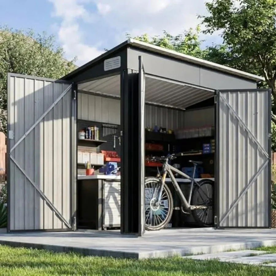 Outdoor storage for mower, bike, generator, garden tools: 8'x4' triple-door lean-to, weatherproof galvanized steel, black, dual