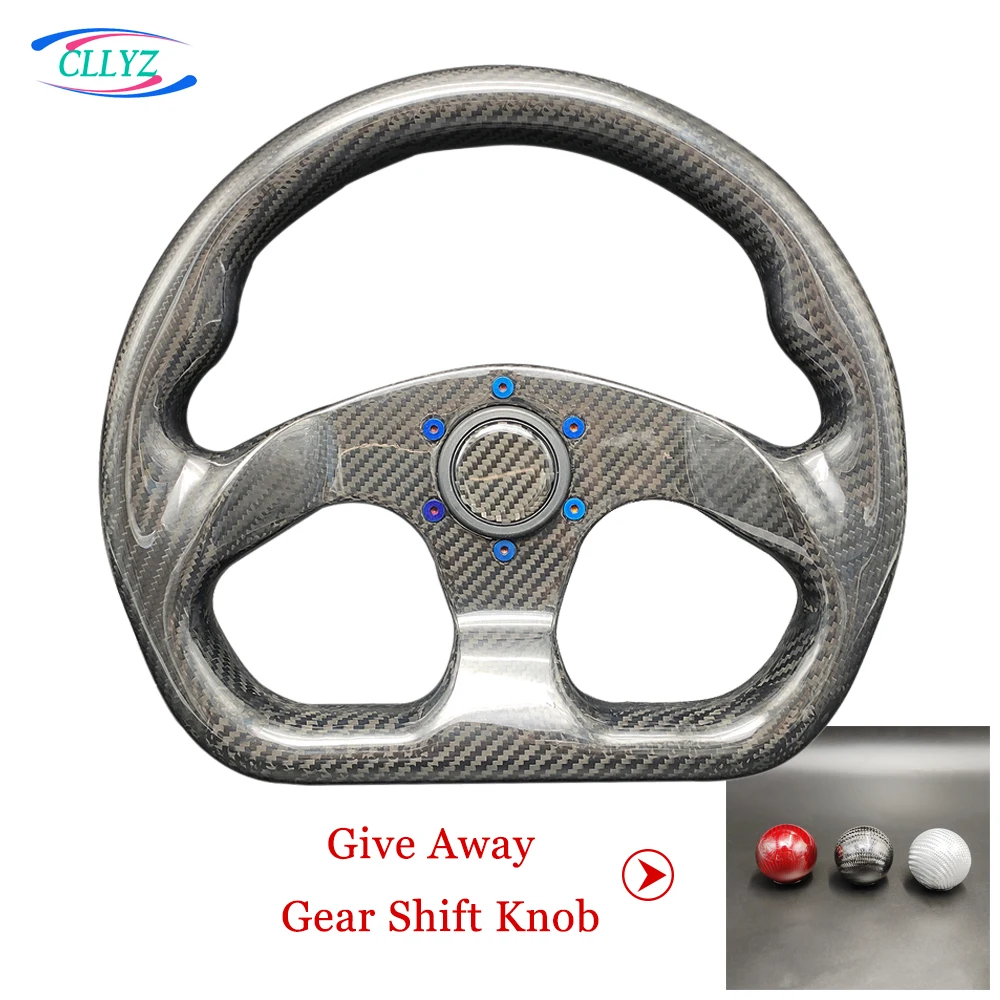 CLLYZ Gift Gear Shift Knob Carbon Fiber Car Steering Wheel 13 Inch / 330MM Racing Dimple Sports Steering Wheel With Horn Button