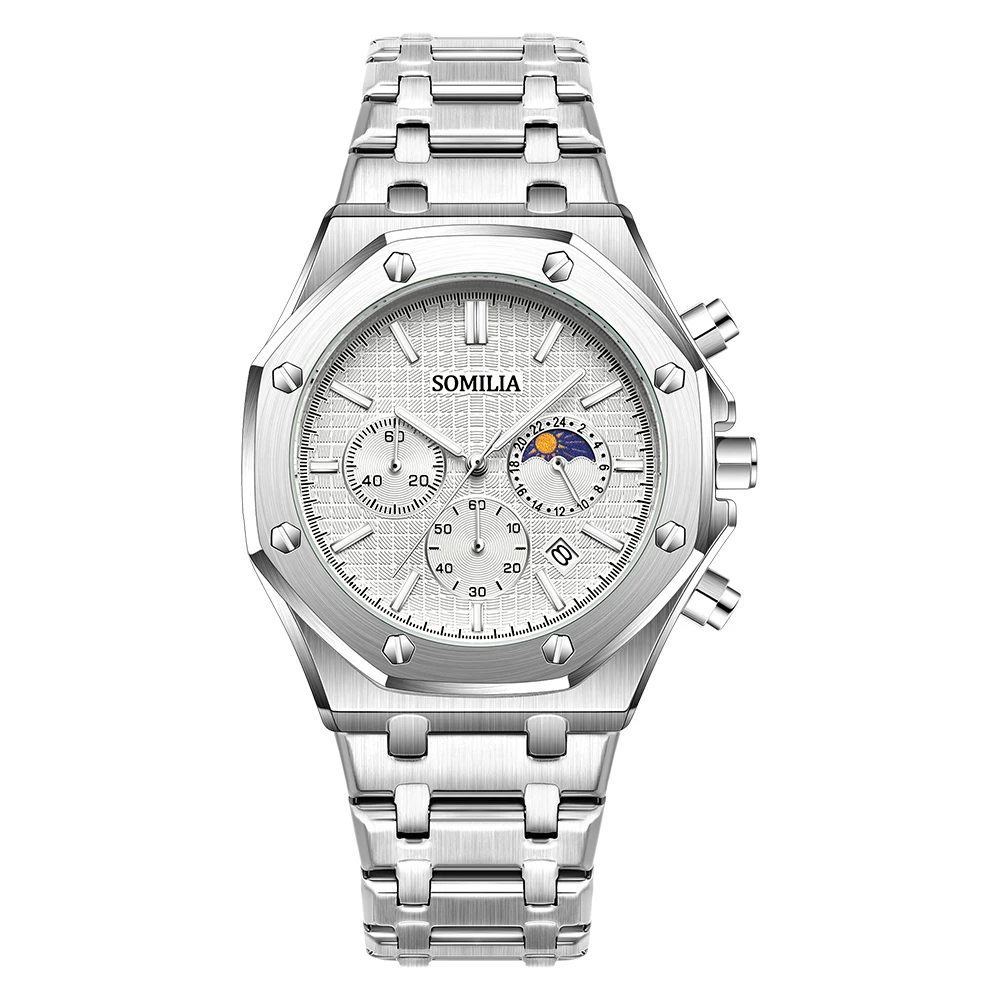 

SOMILIA 2311, элитные многофункциональные кварцевые часы с тремя глазами и шестью иглами, прецизионный стальной ремень с фазой луны и пряжкой-бабочкой