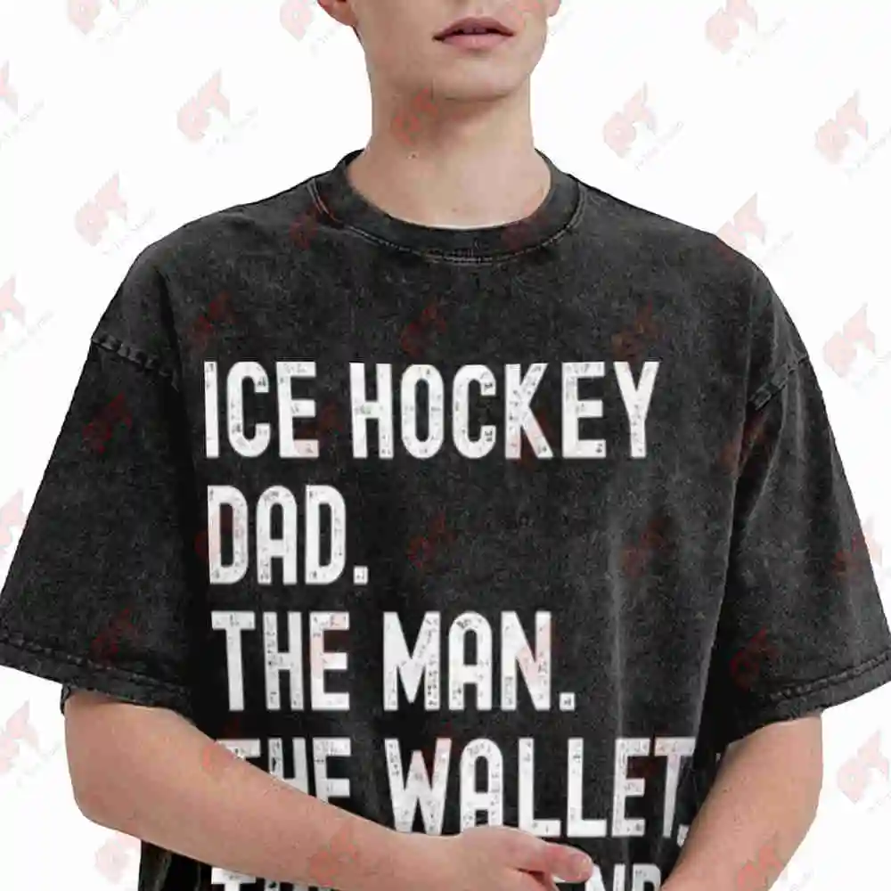 Ice Hockey Dad Back Print Wallet Vintage Washed Tee Pure Cotton T-Shirt