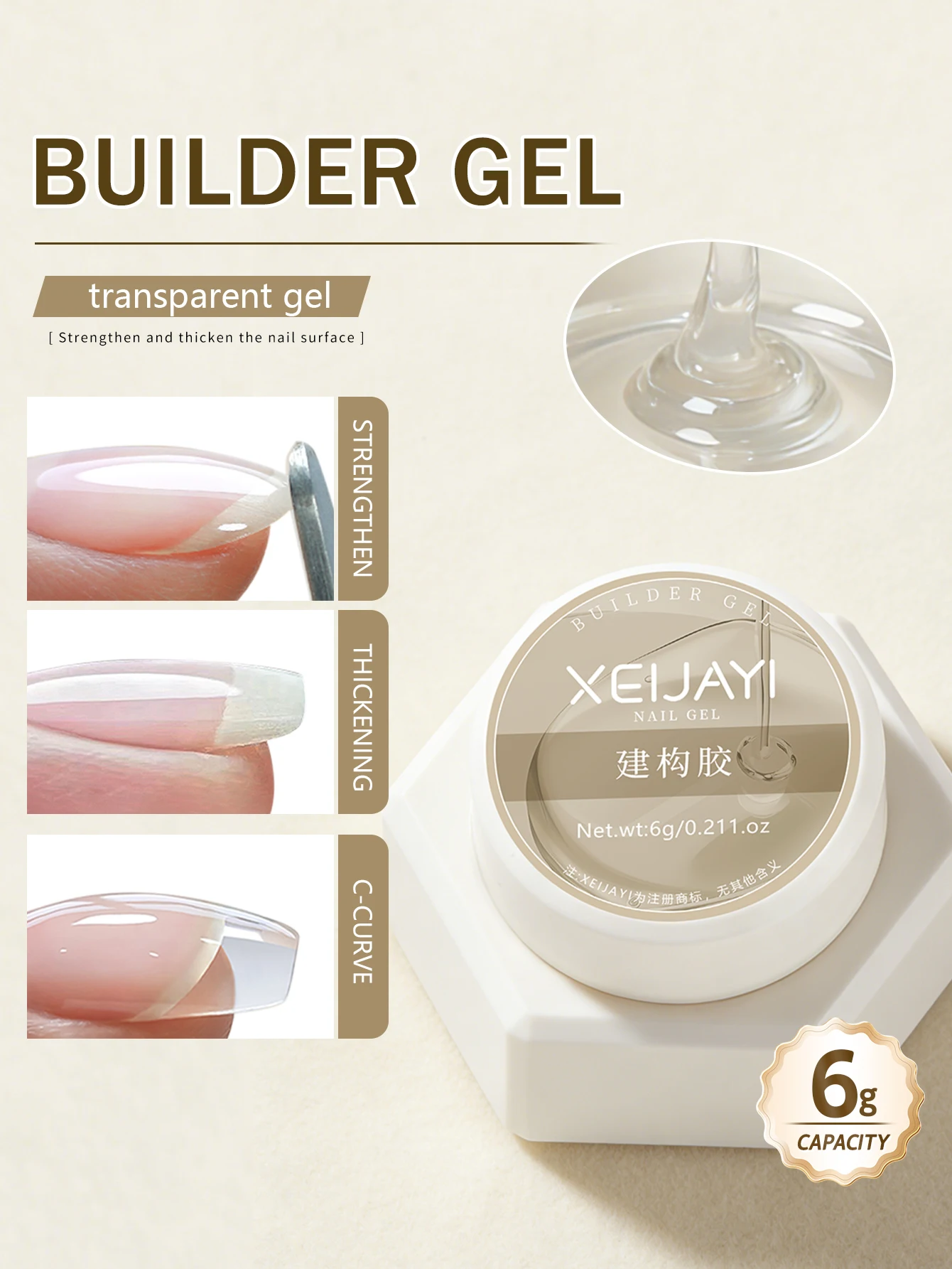 1pc 6g Transparent Reinforcing Gel Nail Polish, Used for Reinforcing, Extending and Primer, Bottled, Removable UV/LED Gel Nail