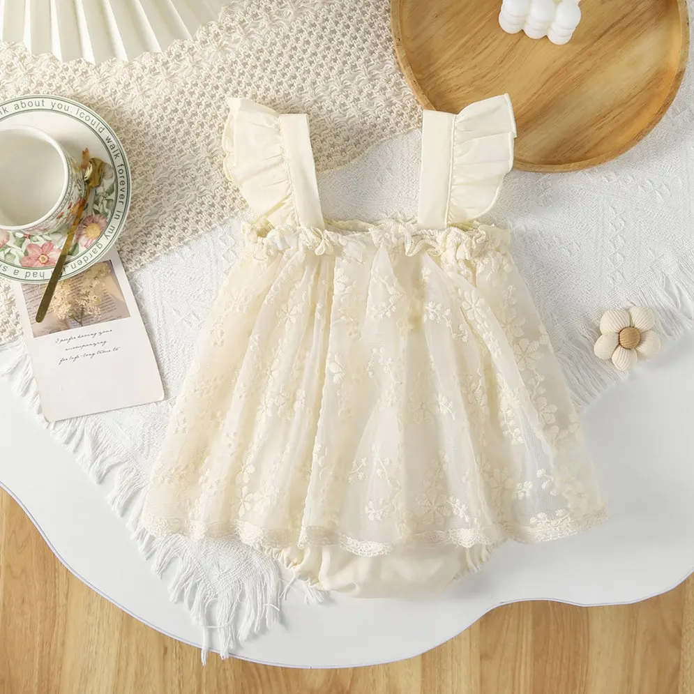Birthday Pageant Elegant Girl Newborn Jumpsuit Clothes Summer Baby Girl Bodysuit Mesh Lace Infant 3-24 Month Soild First Baptis