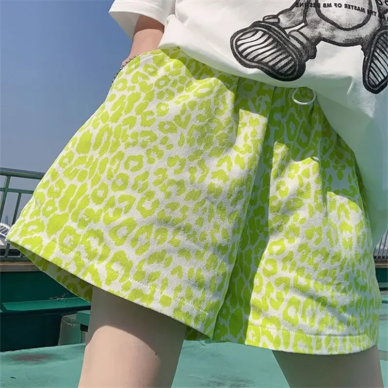 

Green Leopard Summer Wide Leg Shorts Women Fashion Streetwear Baggy Trouser Ins High Waist All-match Hipster Casual Korean Style