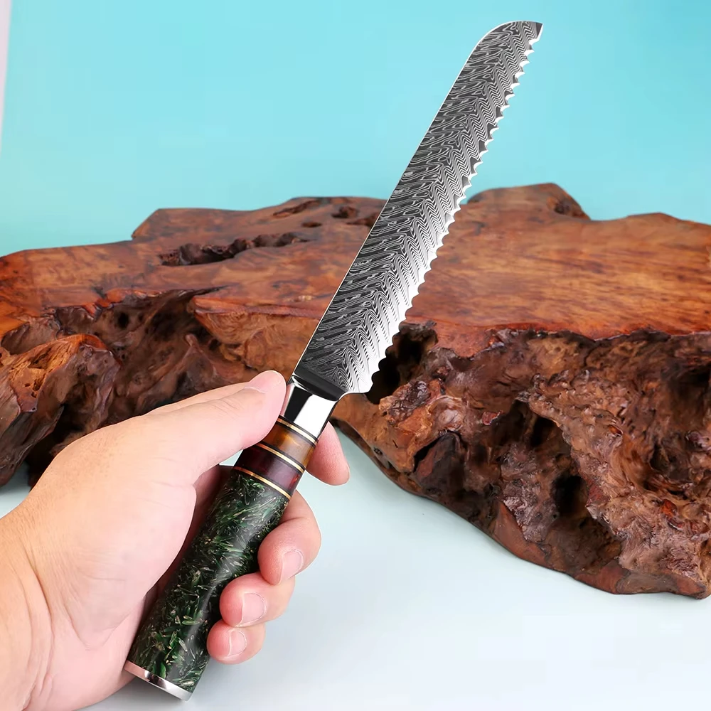 

Японский 67-слойный нож из дамасской стали, 8 дюймов, для домашней и профессиональной выпечки, с рукояткой из рисовой шелухи и смолы, для нарезки тостов и тортов