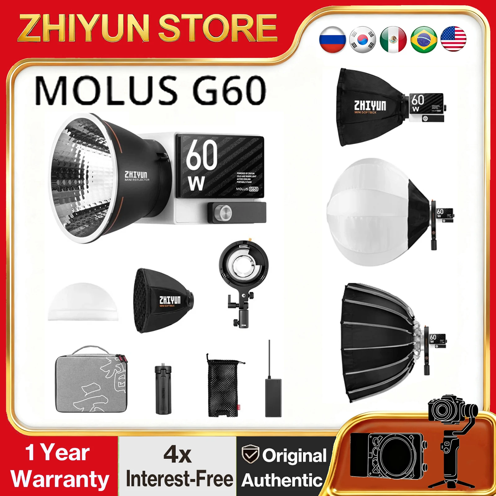 ZHIYUN MOLUS G60 COB 60W Pocket LED Light Video Photography Lighting for YouTube TikTok Video Studio Recording Outdoor Shooting