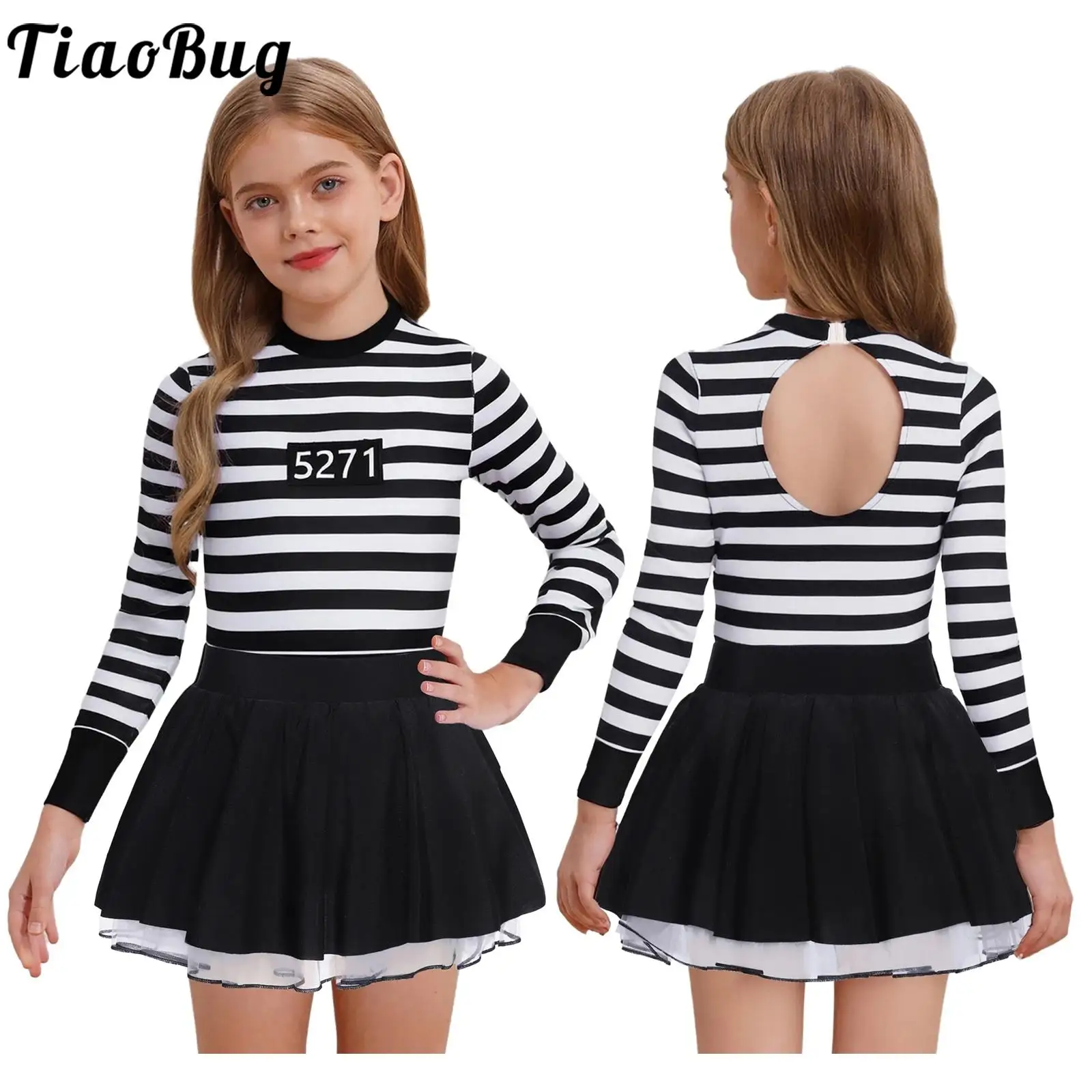 

Kids Girls Prisoner Cosplay Costume Tutu Dress for Halloween Theme Party Dance Ballet Striped Dresses Prison Uniform Dancewear