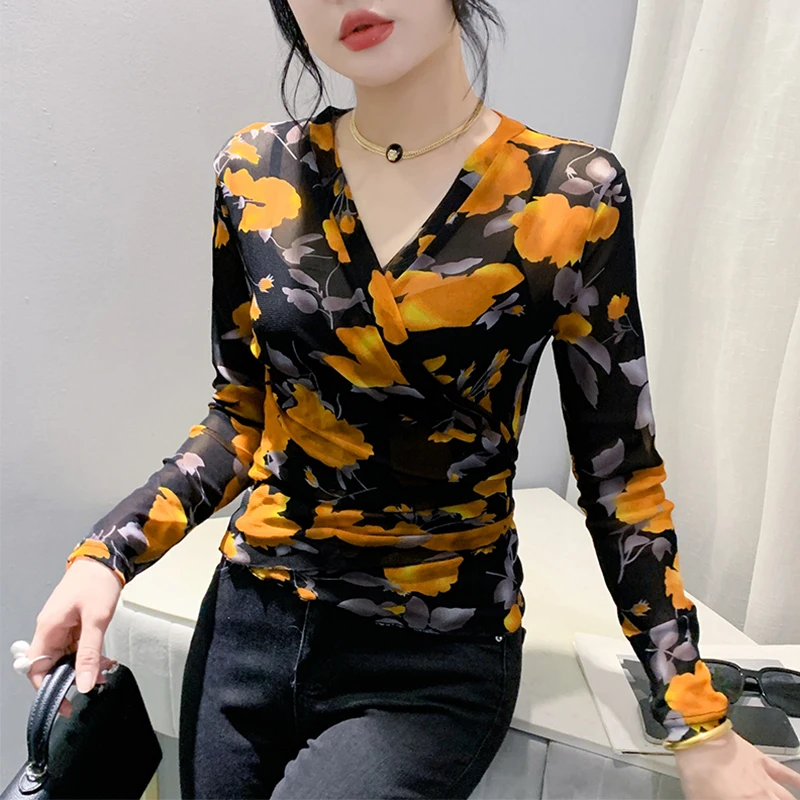 #7304 Spring Summer Black Printed Mesh T Shirt Women Long Sleeve Thin Tight Wrap Short Tshirt Femme Irregular Elastic Vintage