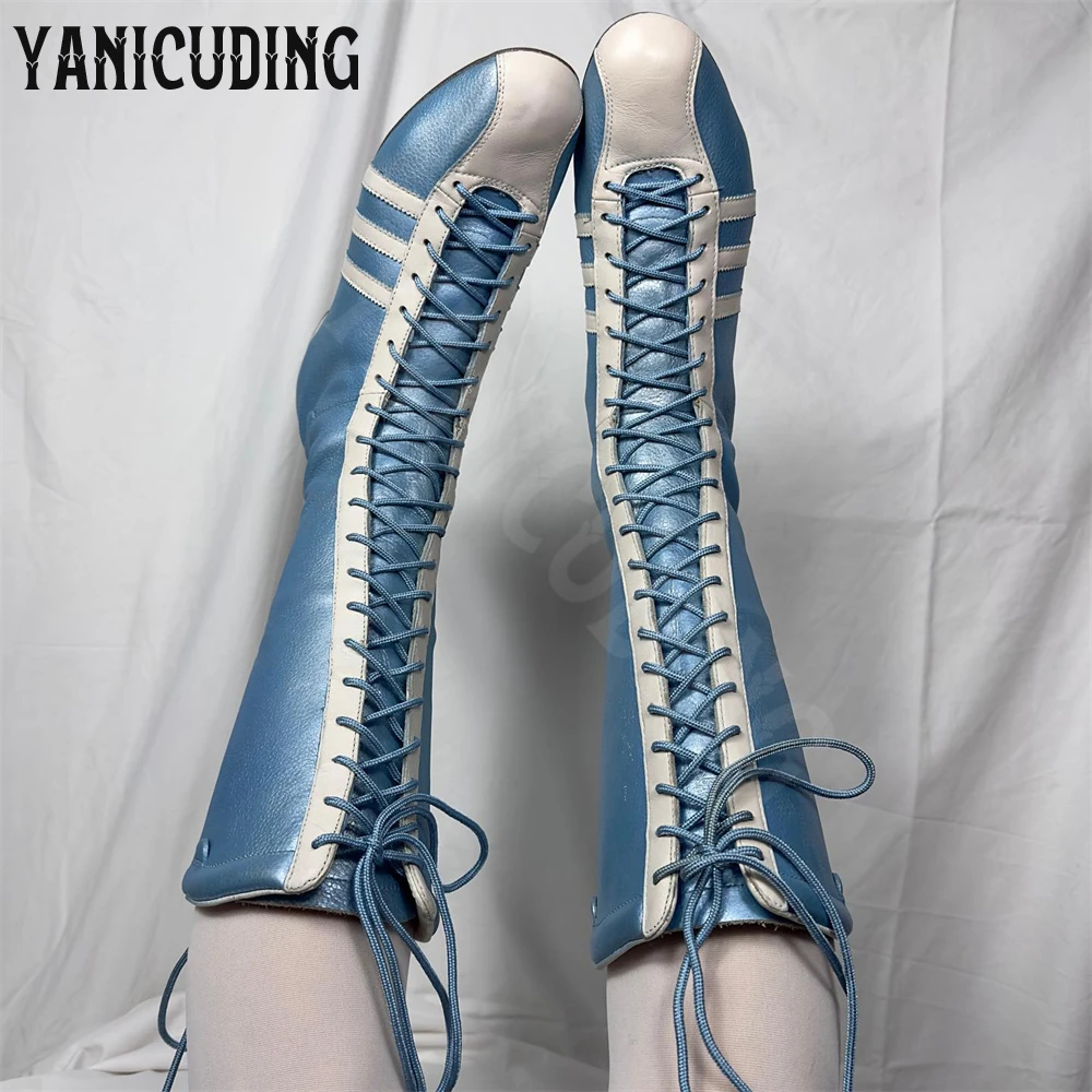 Sporty Style Knee-High Boots for Women Round Toe Comfortable Lace-Up Flat Boots Customizable Multi-color Leather Novelty Boots