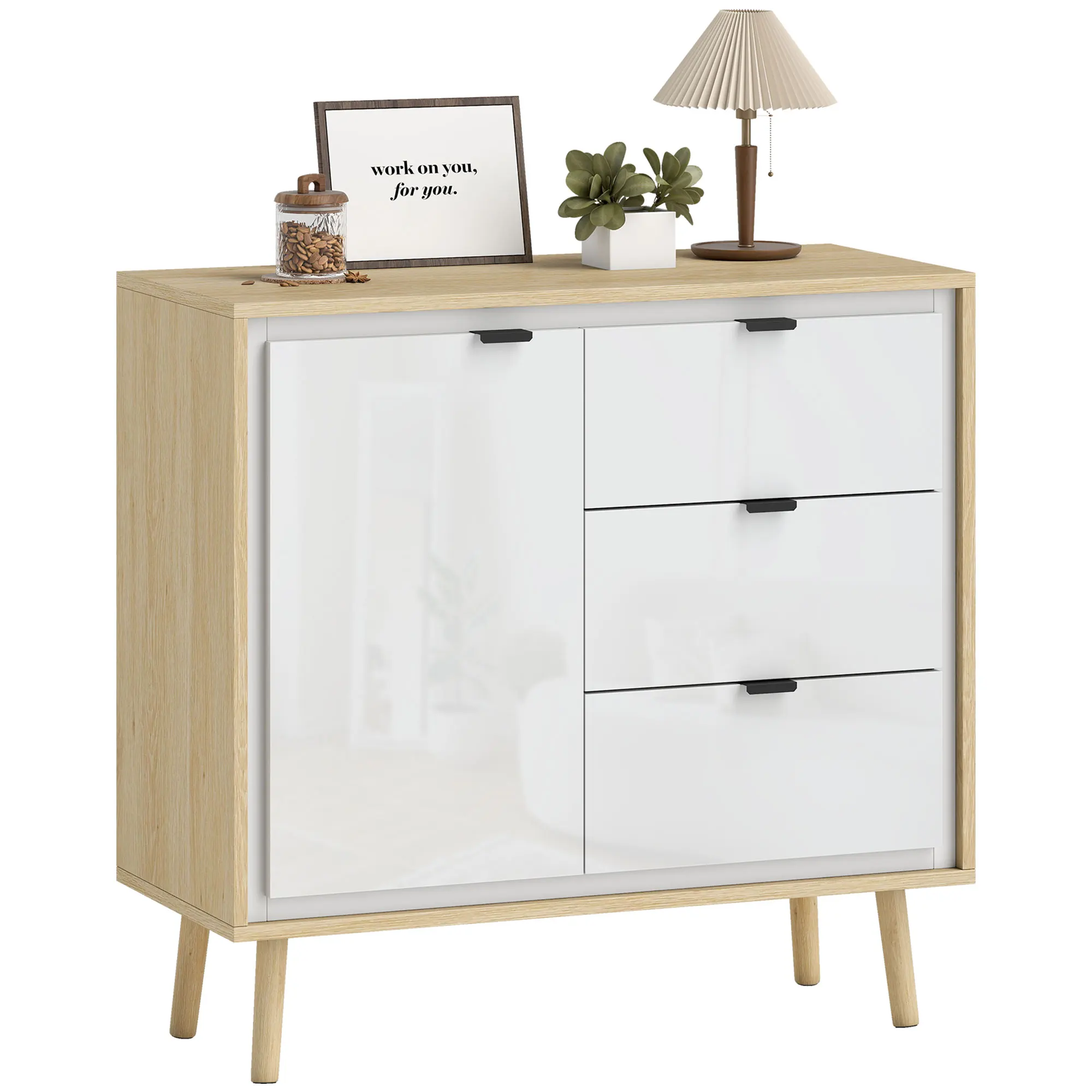 Homcom Credenza per Salotto Moderno con Porta 3 Cassetti Mensola Regolabile per Ingresso Sala da Pranzo 80X35X77 cm Bianco e Rovere
