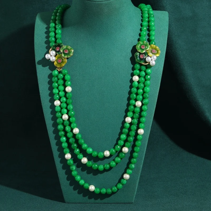 

Bohemia Vintage Pearl Green Layered Beaded Necklaces Pink Crystal Lotus Leaf Woman Summer Dating Jewelry Gold Color Accessories