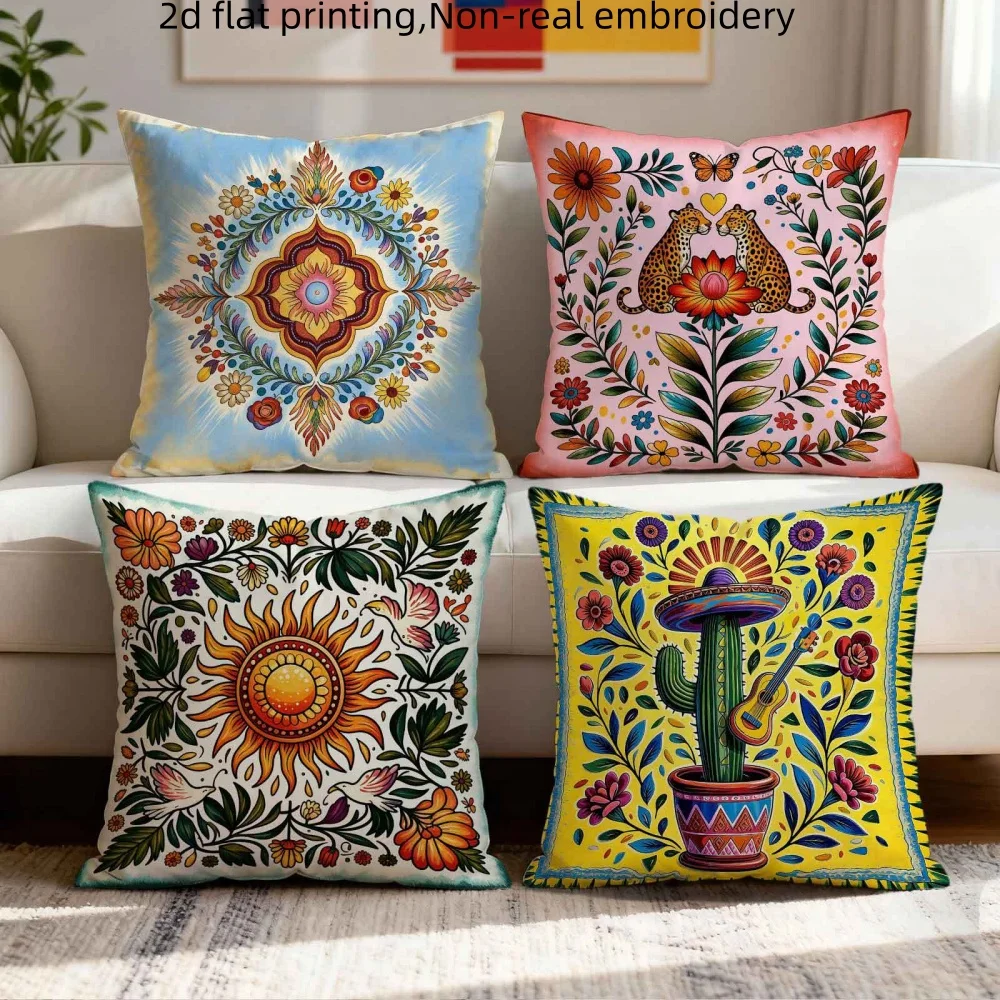Fundas de cojín con arte folclórico mexicano, estilo Otomi, estampado floral de leopardo, sol y cactus, decoración boho para la sala de estar
