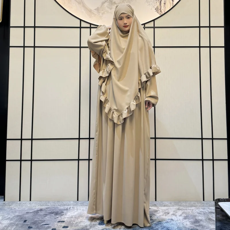 

Southeast Asia New Dress Robe Solid Color with Floral Heart Muslim Two-Piece Setabaya2025Middle East