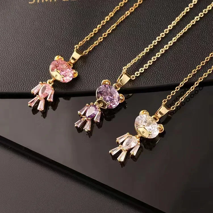 2025 New Hot Sale Cute CZ Teddy Chunky Big Crystal Bear Heart Charms For Women CZ Rhinestone Necklace Gold Plated Jewelry Gifts