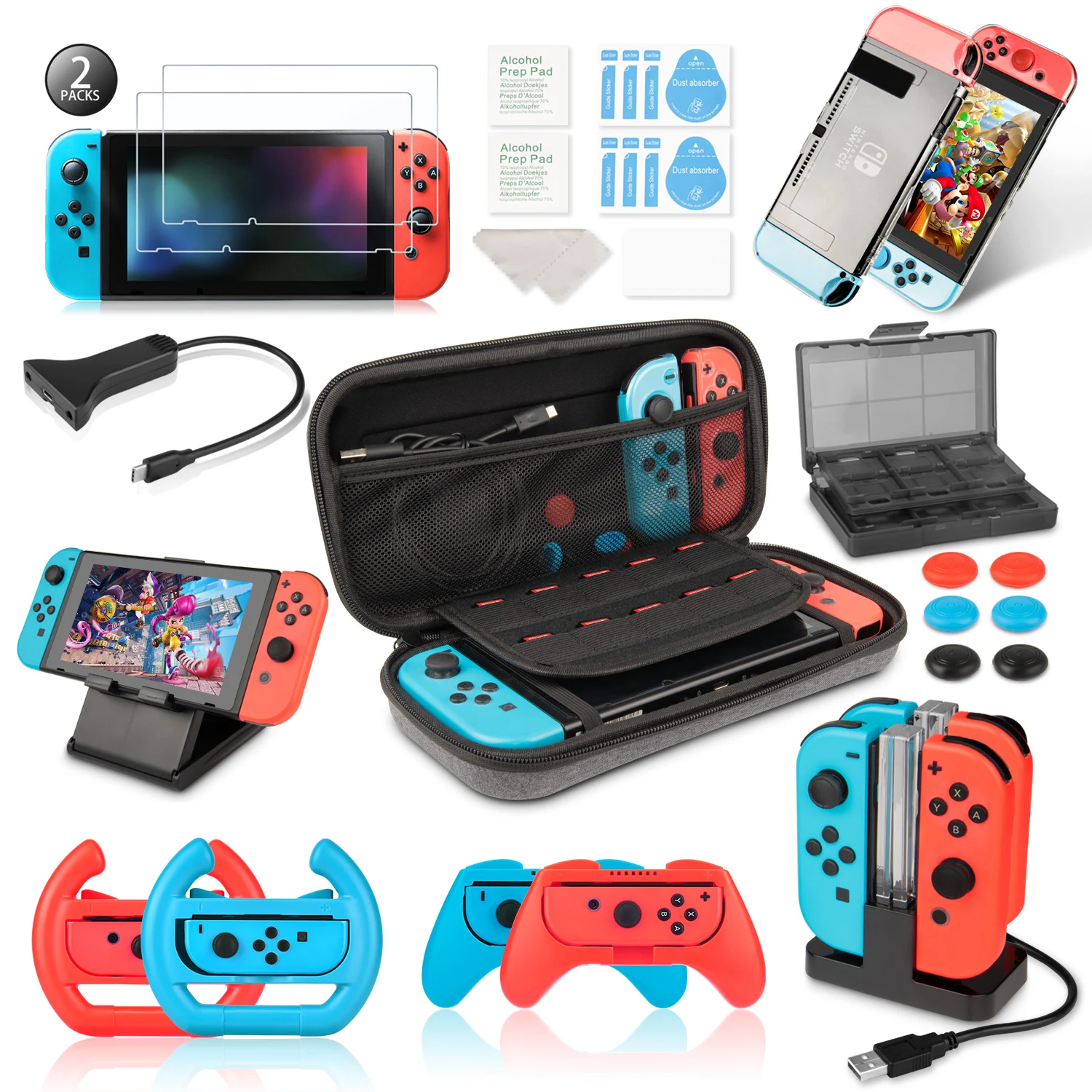 Switch Game Accessories Set Includes Carry Case, Charging Station, Playstand, Extension Cable Screen Protector J-Con Handles etc