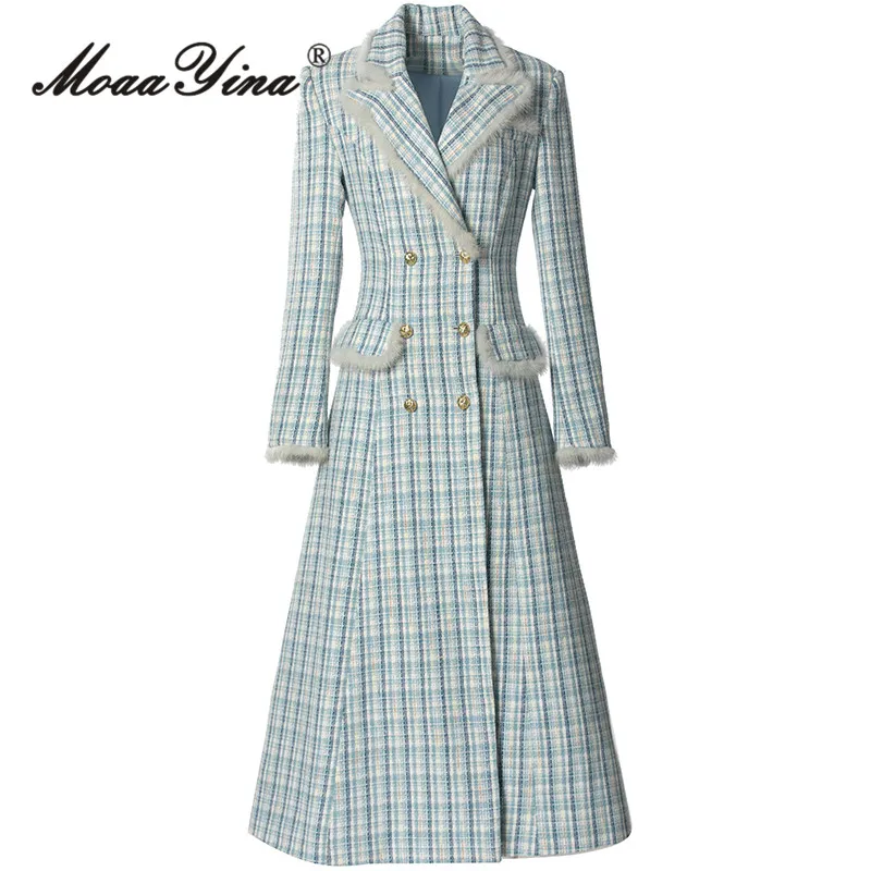 

MoaaYina Autumn/winter New Style Streetwear Designer Coat Women Sky Blue Notched Double-Breasted Long-Sleeved S-4XL Overcoat