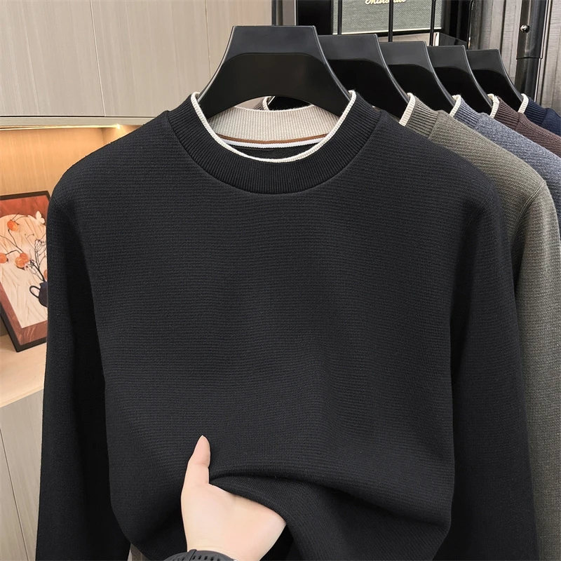 Herbst Neuer Herren Einfarbiger O-Ausschnitt Strickpullover Fake Zweiteiler Designer Weicher Langarm-Pullover Oberteil Lässige Herrenbekleidung – Detail 6