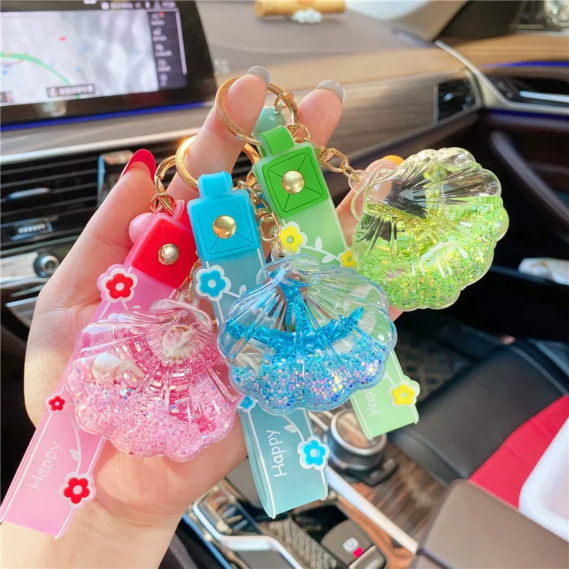 Cute Glitter Quicksand Seashell Car Keychain Bling Liquid Filled Shell Key Ring Summer Ocean Style Car Key Pendant Bag Charm