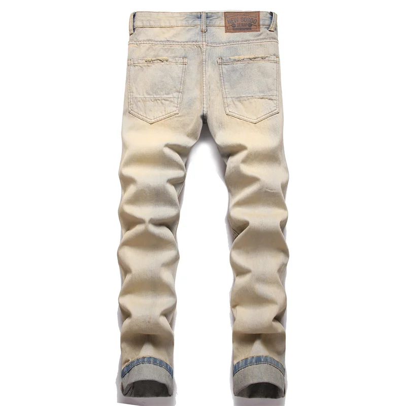 Retro Tattered Jeans Patch Multi-Pocket Zipper Jeans Men's Motorcycle Style Street Handsome Nostalgic Washed Slim Trousers