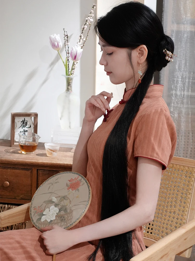 

Young Girl's Artistic Revamped New Chinese Style Spring Summer Short Sleeve High Slit Daily Wear Polyester Fiber