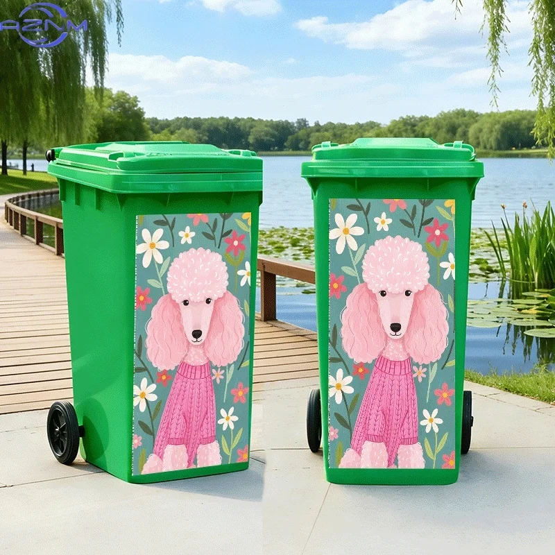 2D Flat Printing 1pc Trash Can Sticker, Pink Poodle in Floral Dress Theme Design, Self-Adhesive Wall Decal Wallpaper, Kitchen