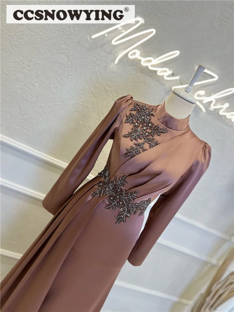 Dusty Rose Satin Long Sleeve Muslim Evening Dresses Appliques Islamic Hijab Formal Party Gown Women Arabic Dubai Robe De Soiree