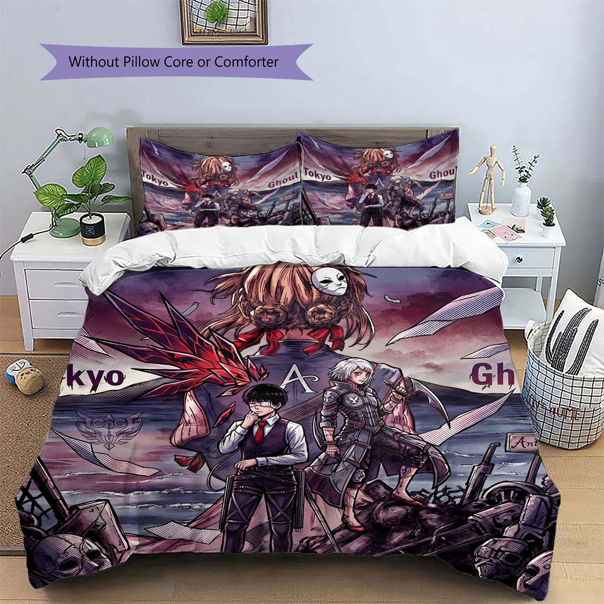 Tokyo Ghoul Patterned Pillowcase & Duvet Cover Set 3-Piece Anime Style Bedroom Bedding Decor Perfect Gift for Fans YUN6516