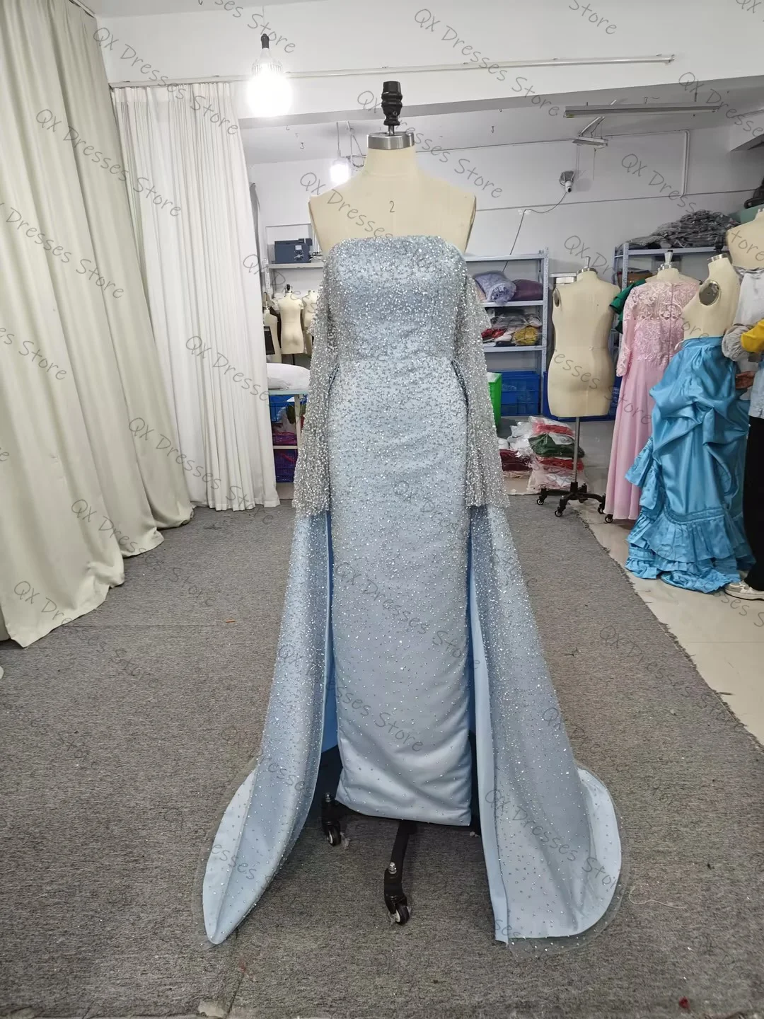 Customized Yipeisha Luxury Sky Blue Satin Strapless Evening Dresses With Watteau Train Beading Squnined Sheath Floor Length Gala