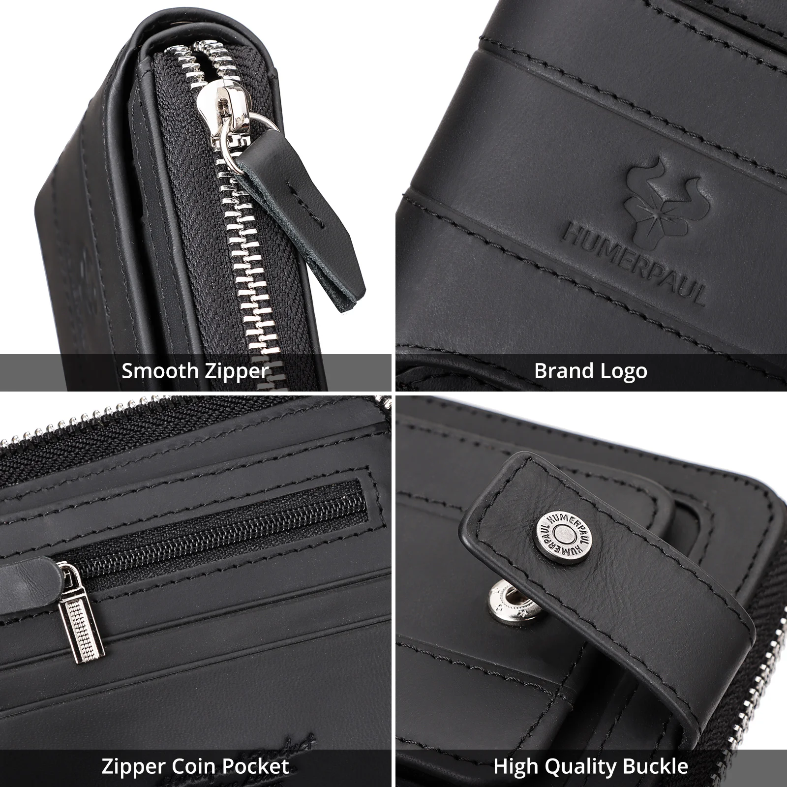 Mens Wallet with Chain Genuine Leather RFID Blocking Credit Card Holder Bifold Double Zipper Coin Pocket with Anti-Theft Chain