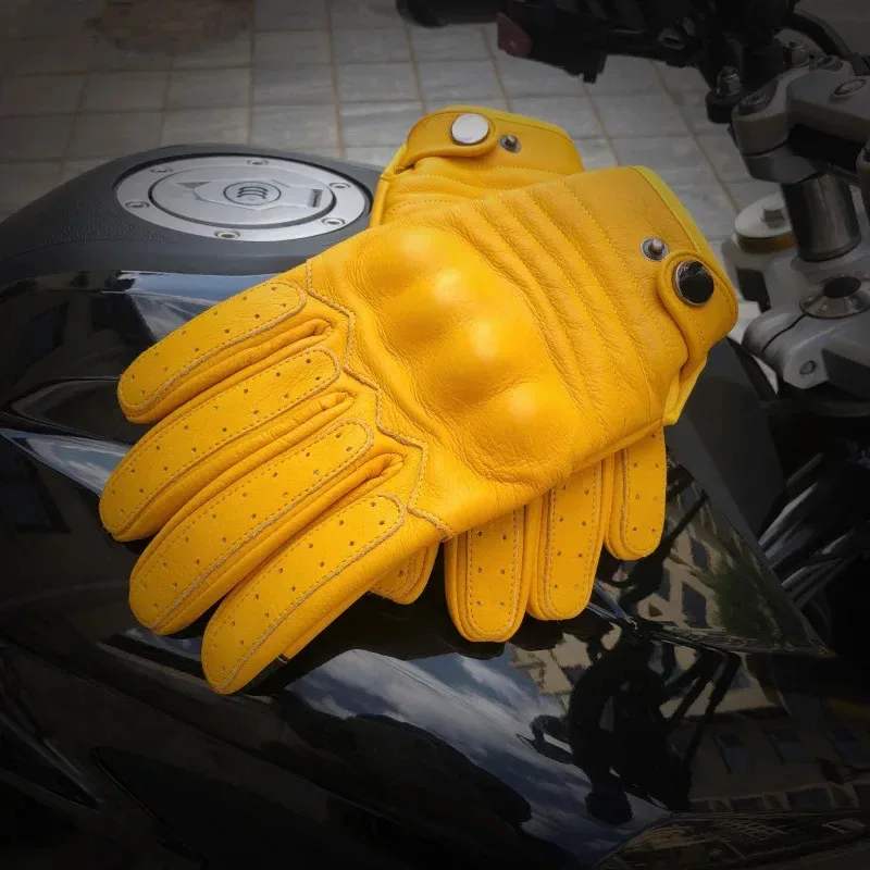 Men's Vintage Motorcycle Gloves Cowhide Breathable Touchscreen Accessories for Safe Riding & Grip with Knuckle Protection Items