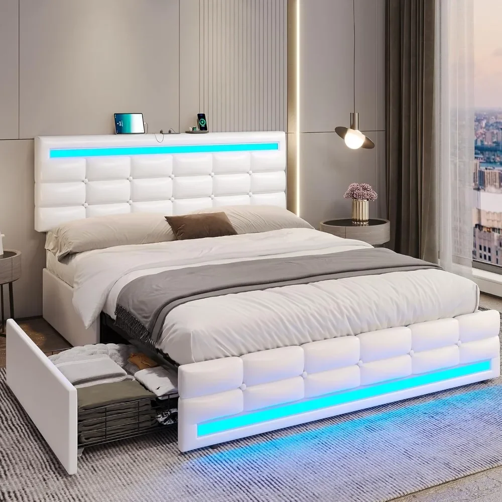 Estructura de cama tamaño queen con cajones, LED con estación de carga, con cabecero y pie de cama, no requiere colchón con muelles, blanco