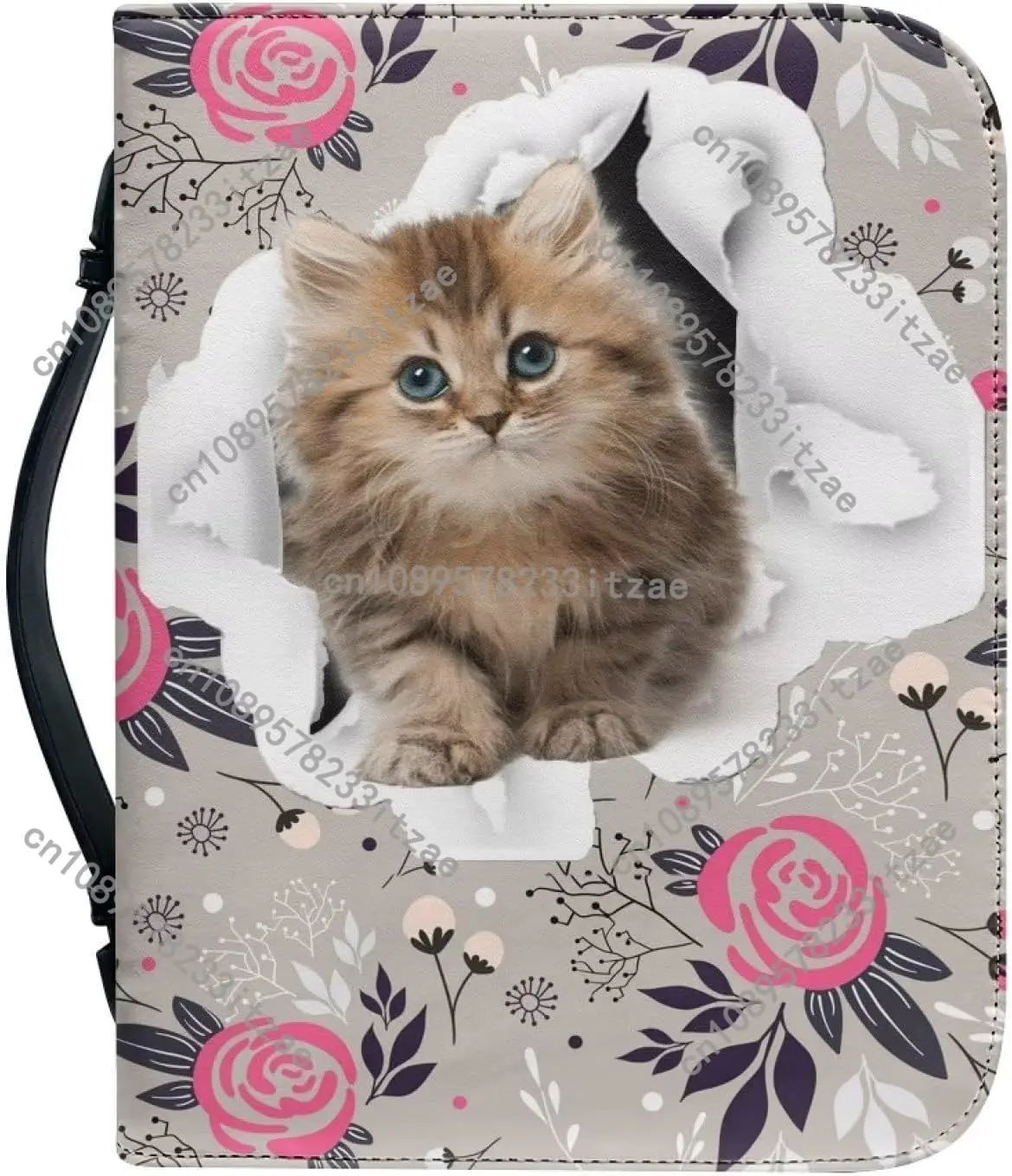 غطاء حماية لطيف على شكل قطة من الكتاب المقدس للنساء والفتيات مصنوع من الجلد مع حقيبة بمقبض بسحاب ناعم وحقيبة كتاب جلدي متعددة الوظائف #5