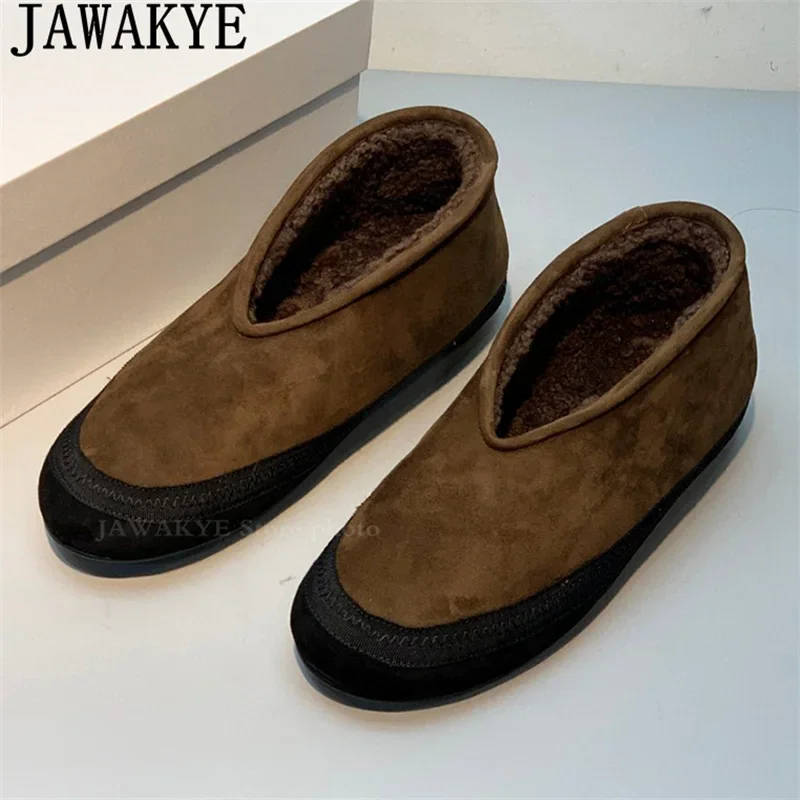 JAWAKYE High Quality Slip on Wool Ankle Boots Women Winter Hot Sale Suede loafers Shoes Comfort Warm Fur Flat Walk Shoes