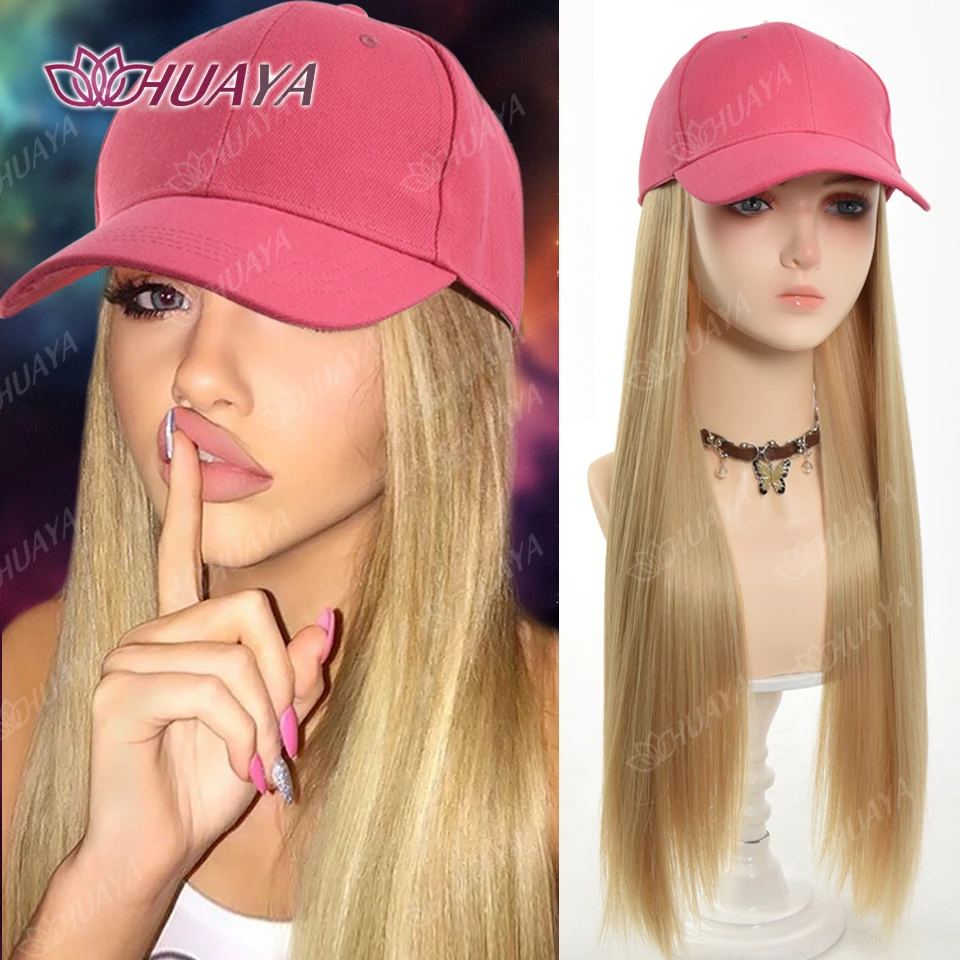 Hat wigs Cap with Hair Hat Wig Blonde Straight Hair Extensions Synthetic Hair Women Daily Party High Temperature