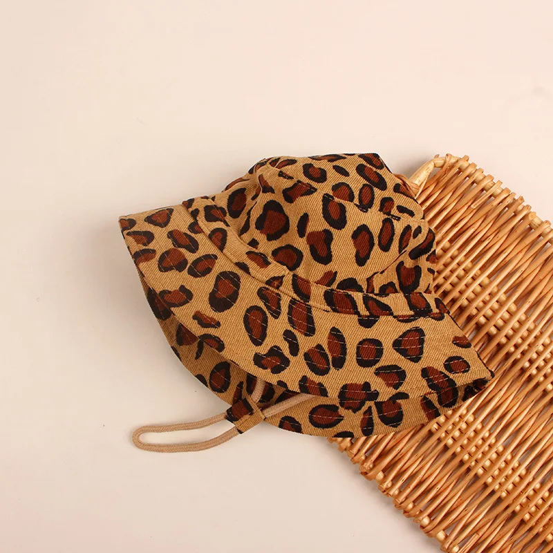 Fashion Leopard Baby Bucket Hat Summer Big Brim Kids Sun Hats Adjustable Drawstring Beach Cap Panama Sun Protection Caps